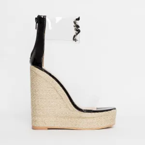 Monique Black Patent Clear Espadrille Wedges