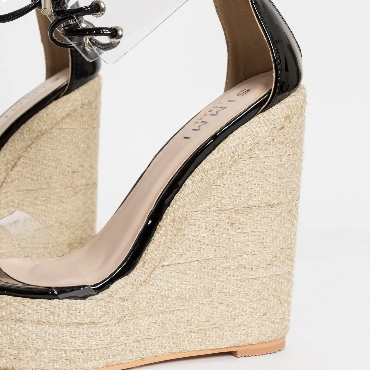 Monique Black Patent Clear Espadrille Wedges