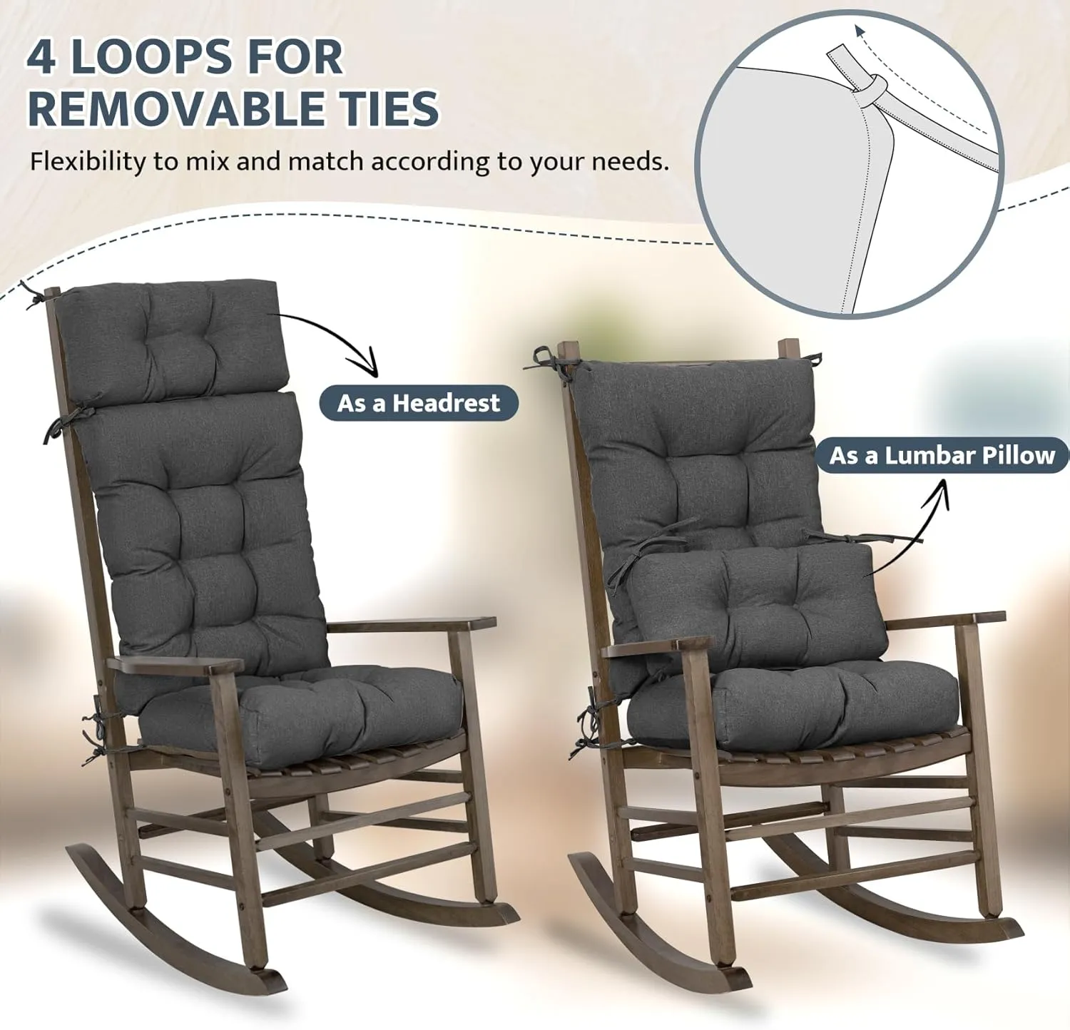 mudilun Indoor/Outdoor Rocking Chair Cushion Anti-Slip Tufted Patio Furniture Cushion with Straps High Back Rocking Chair Cushion for Bedroom, Living Room, Baby Room, Outdoor Patio Chair