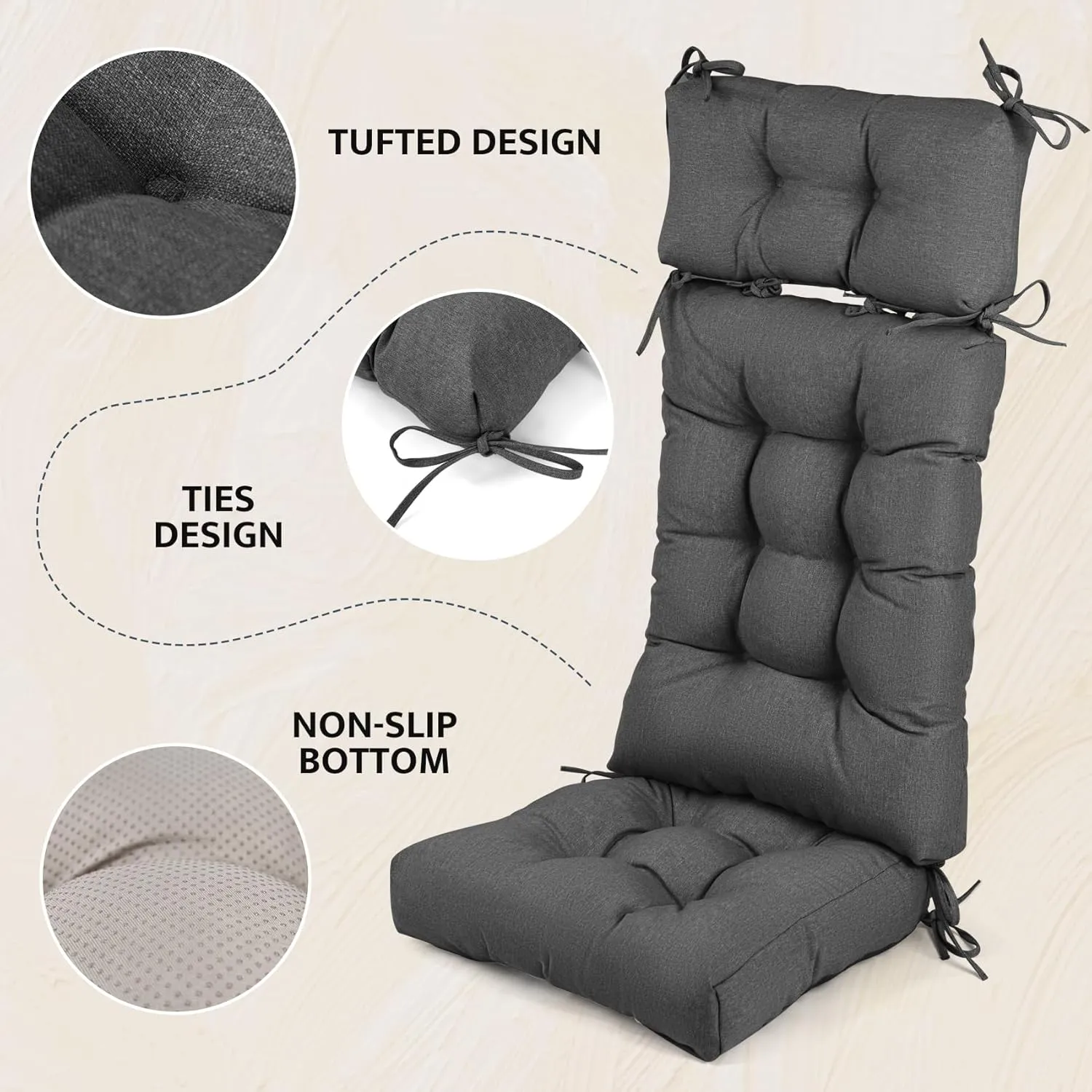 mudilun Indoor/Outdoor Rocking Chair Cushion Anti-Slip Tufted Patio Furniture Cushion with Straps High Back Rocking Chair Cushion for Bedroom, Living Room, Baby Room, Outdoor Patio Chair
