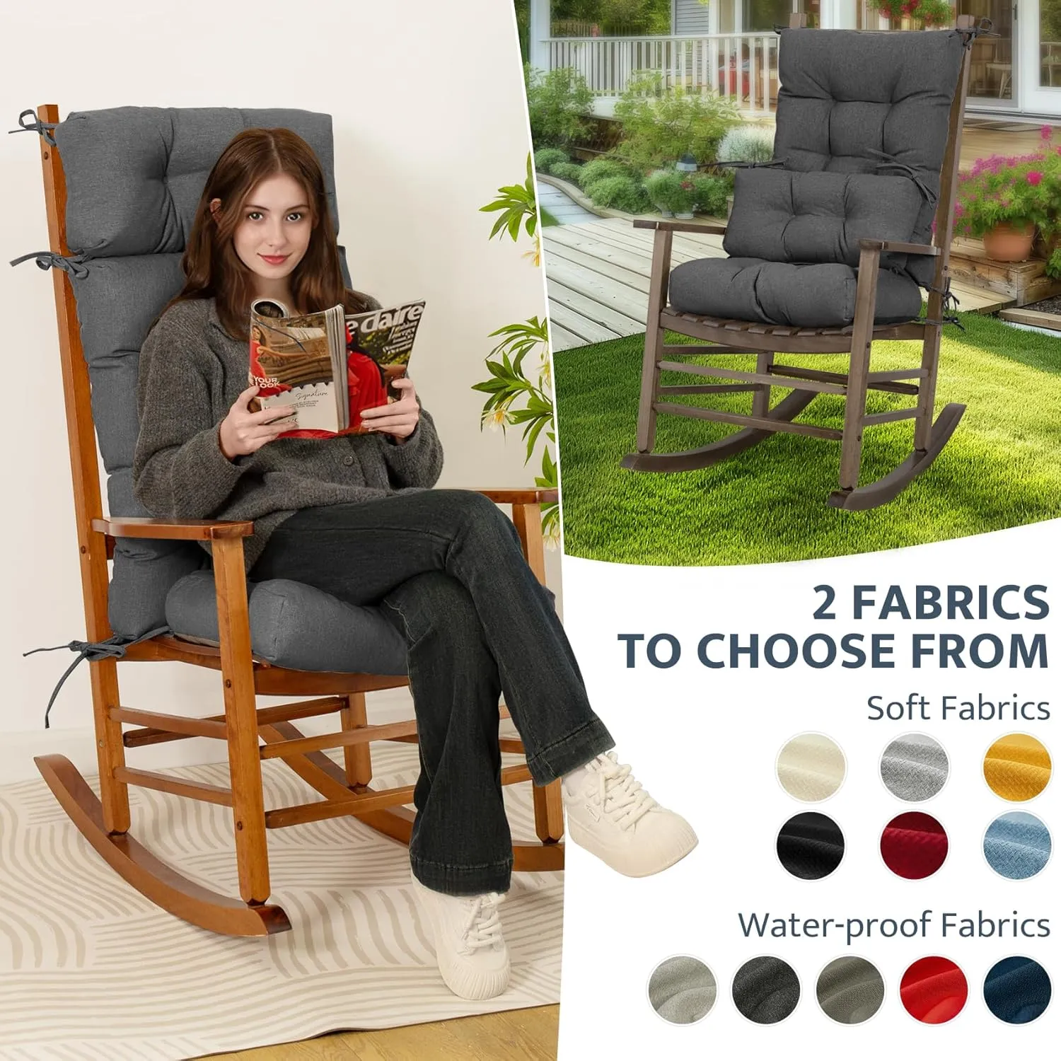 mudilun Indoor/Outdoor Rocking Chair Cushion Anti-Slip Tufted Patio Furniture Cushion with Straps High Back Rocking Chair Cushion for Bedroom, Living Room, Baby Room, Outdoor Patio Chair