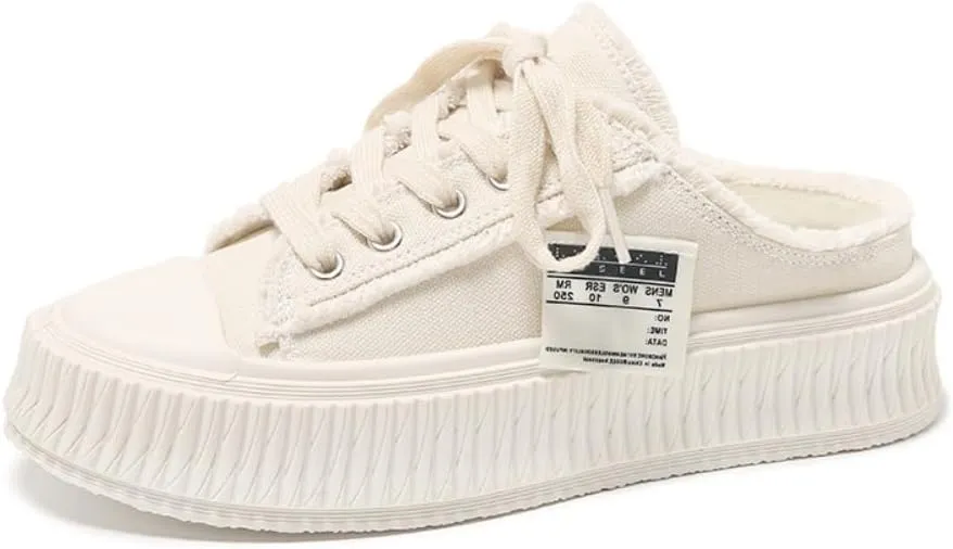 Mule Tennis Shoes for Women Canvas Slip on Sneakers Women Cute Breathable Slide on Lace Up Walking Shoes Backless Sports Pumps for Girls Daily Wear Back to School Summer Outdoors Beach Office Rave