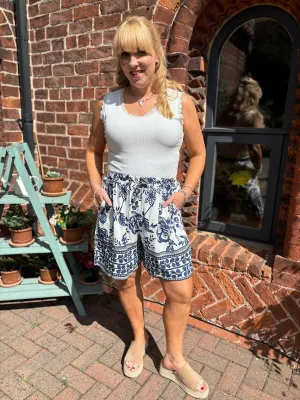 Navy Botanical Print Shorts