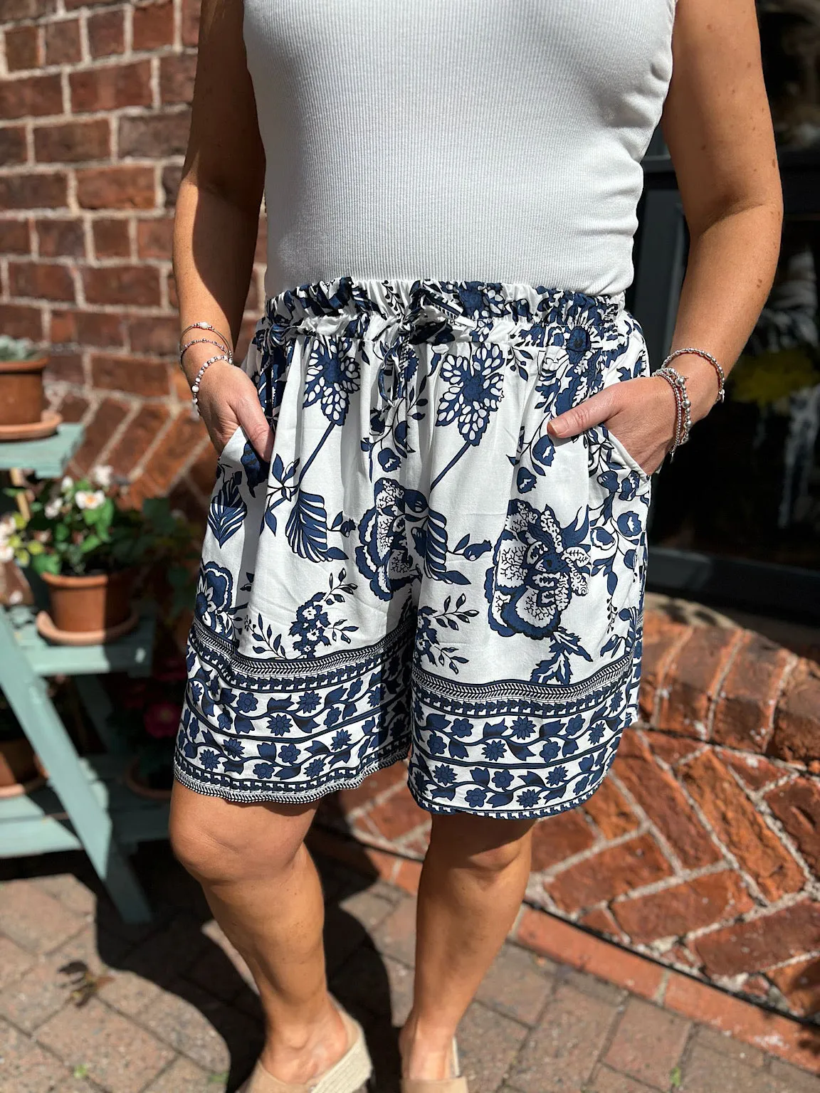 Navy Botanical Print Shorts
