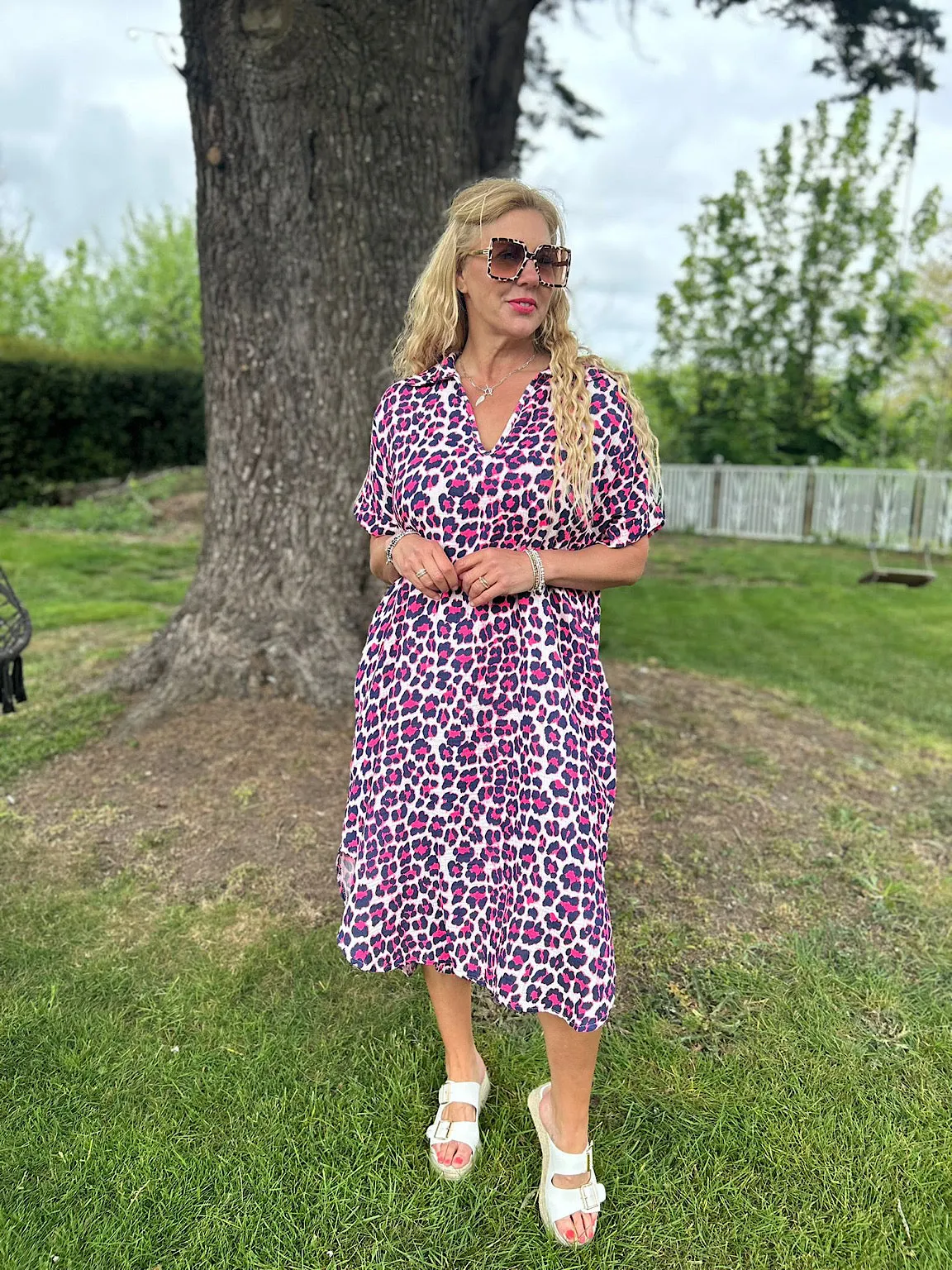 Navy Bubble Cotton Leopard Shirt Dress Lola