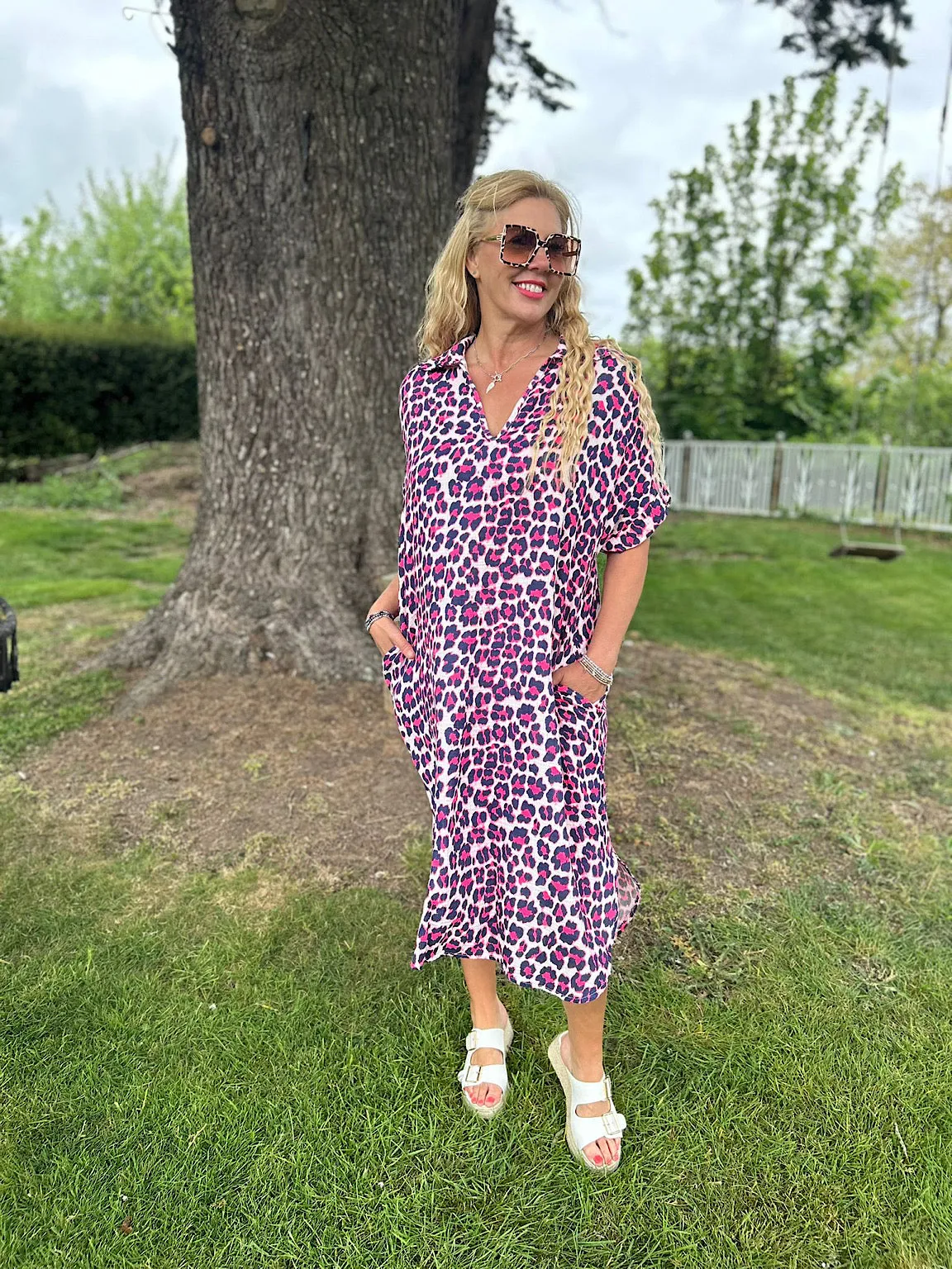 Navy Bubble Cotton Leopard Shirt Dress Lola
