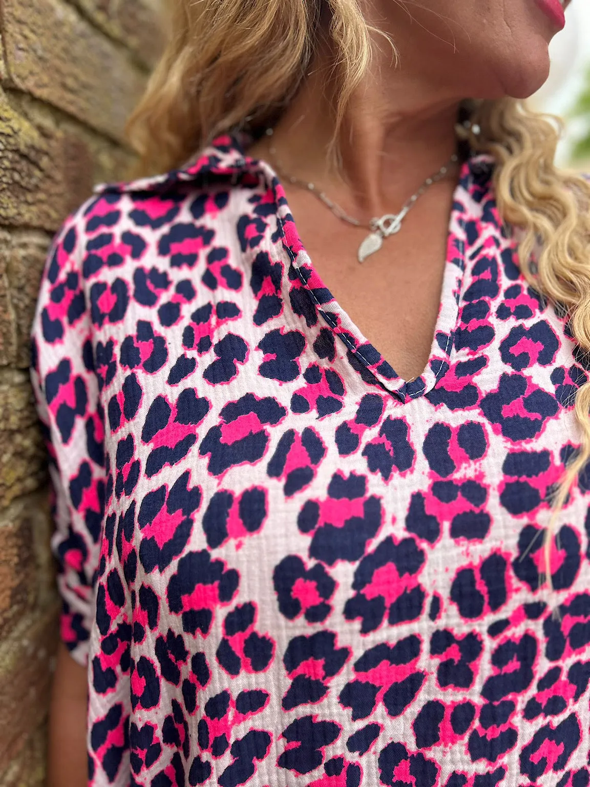 Navy Bubble Cotton Leopard Shirt Dress Lola