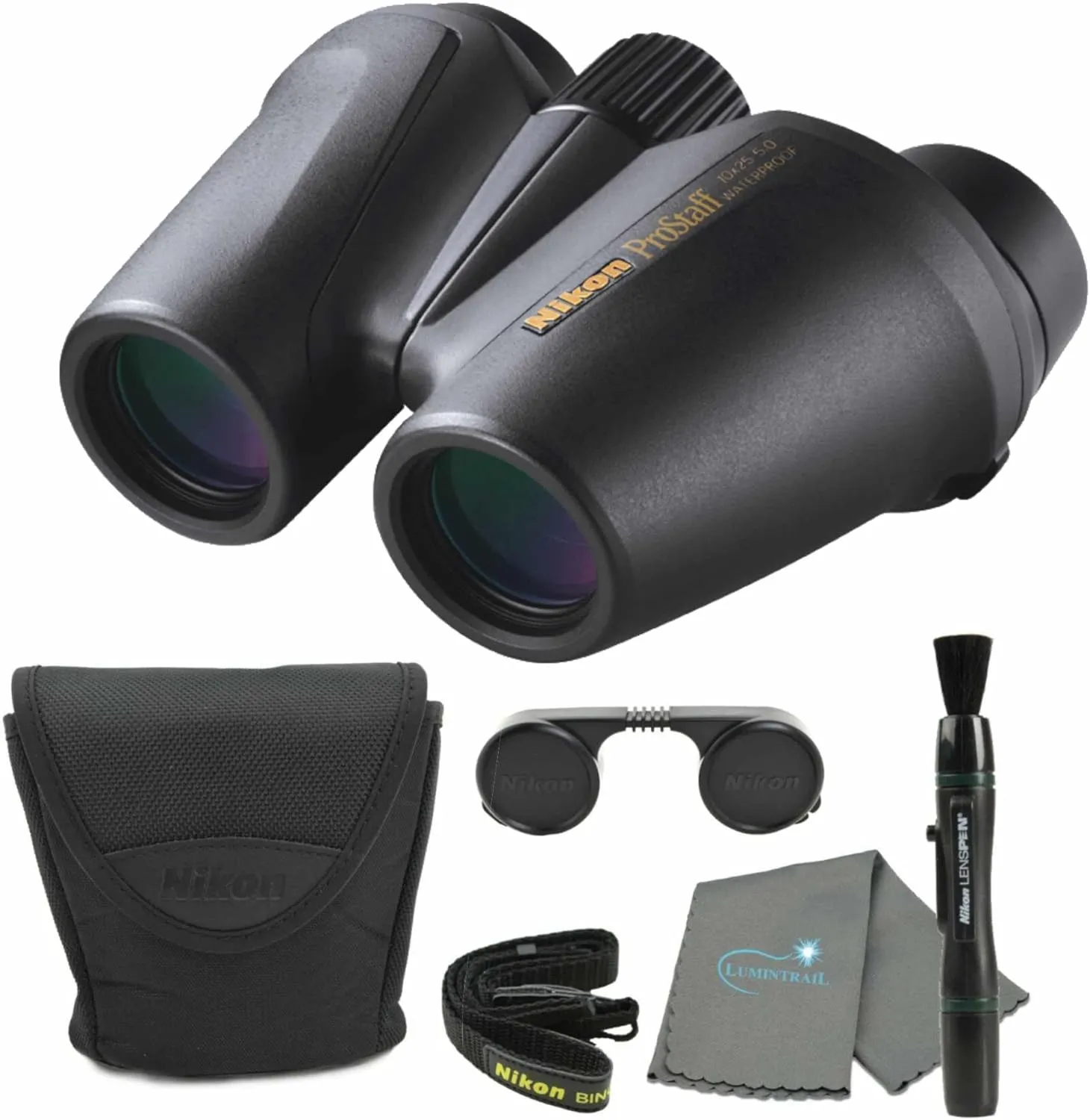 Nikon PROSTAFF 10x25 (7485) Black Binoculars Bundle with Lens Pen and Cleaning Cloth, Compact Binoculars for Adults for Hunting, Bird Watching, and Hiking Essentials, Waterproof All-Terrain