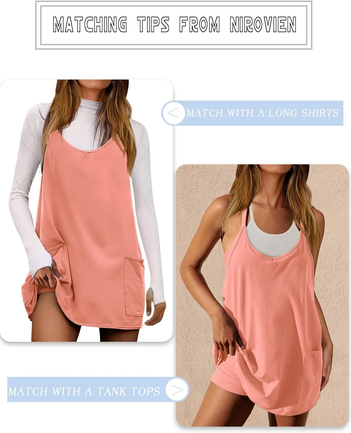 Nirovien Womens Tennis Dress Workout Mini Dress with Shorts Sleeveless Spaghetti Straps Golf Athletic Dresses