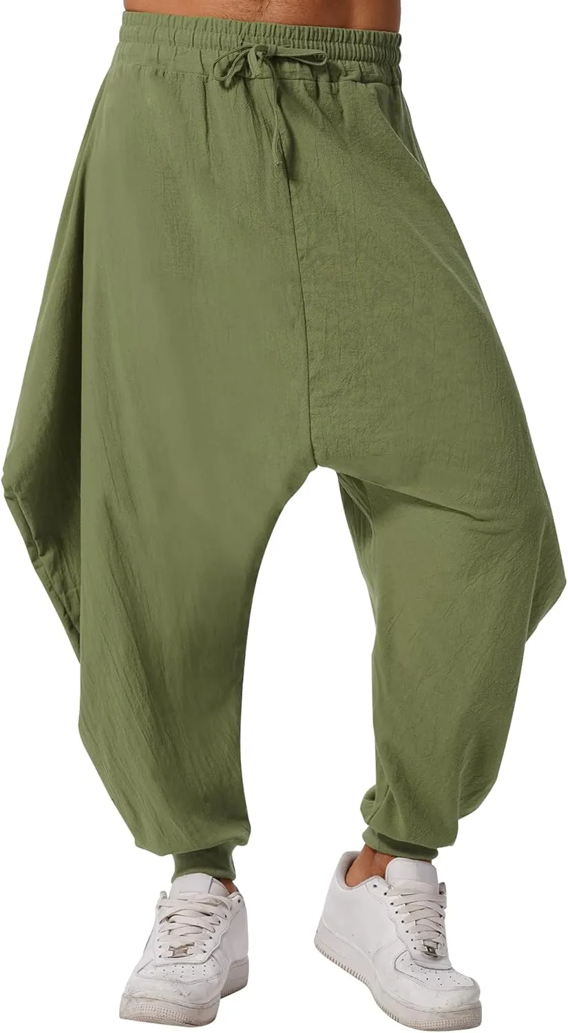 ODIZLI Men Leggings Retro Casual Fashion Design Loose Baggy Harem Pants with Pockets Trousers