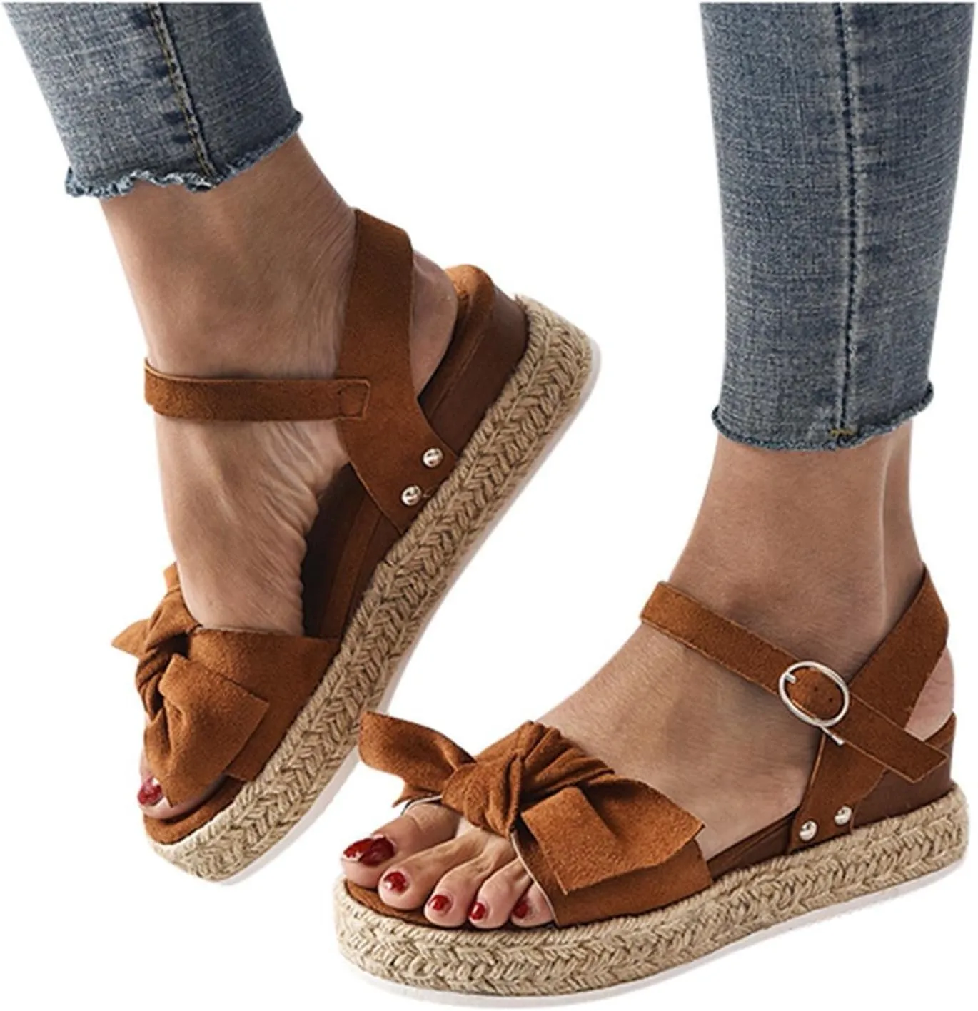 oiangi Espadrille Platform Sandals for Women Summer Casual Leopard Bow Ankle Strap Buckle Open Toe Studded Wedge Sandalias Comfortable Outdoor Shoes