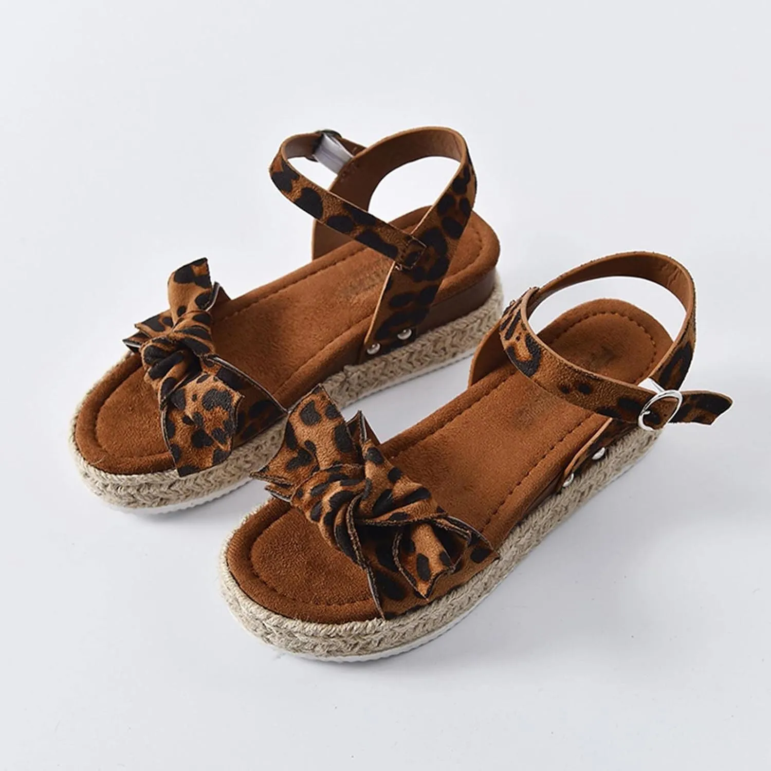 oiangi Espadrille Platform Sandals for Women Summer Casual Leopard Bow Ankle Strap Buckle Open Toe Studded Wedge Sandalias Comfortable Outdoor Shoes
