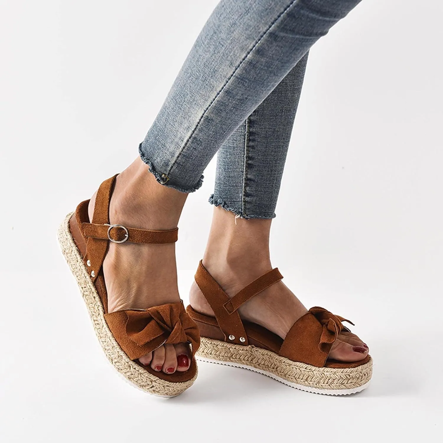 oiangi Espadrille Platform Sandals for Women Summer Casual Leopard Bow Ankle Strap Buckle Open Toe Studded Wedge Sandalias Comfortable Outdoor Shoes