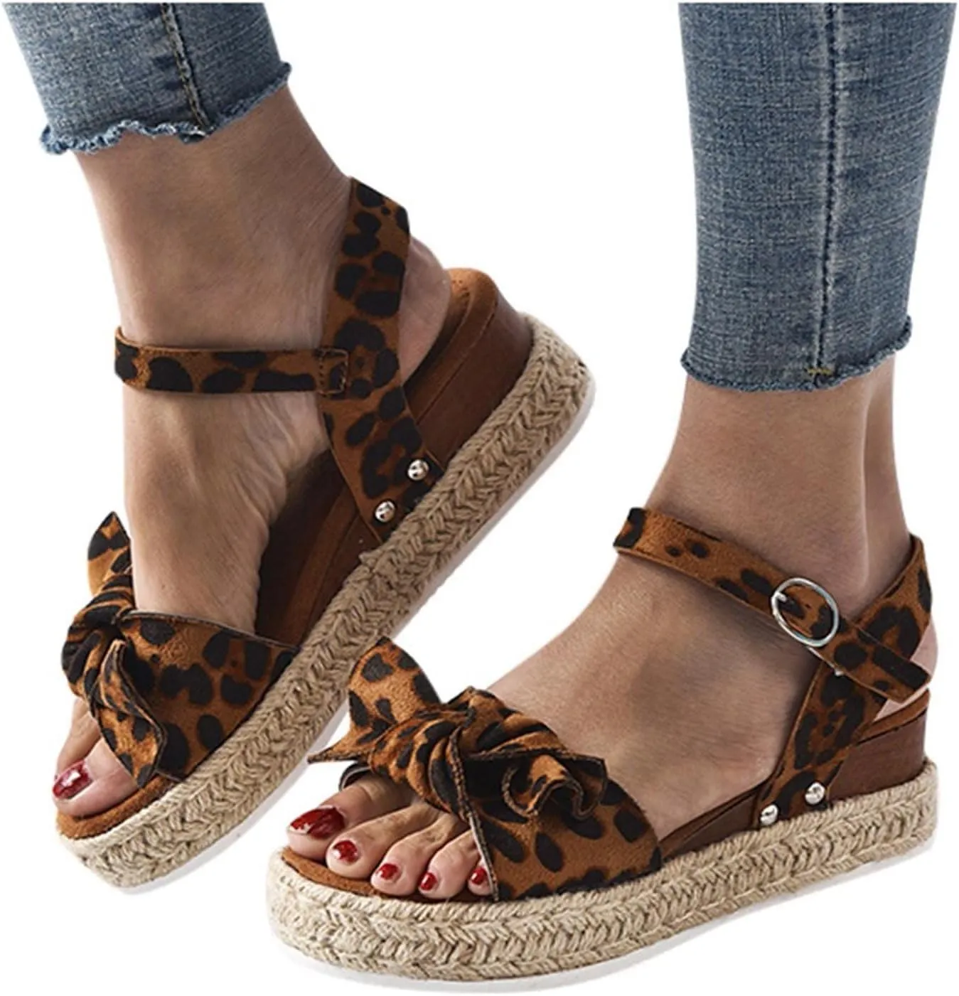 oiangi Espadrille Platform Sandals for Women Summer Casual Leopard Bow Ankle Strap Buckle Open Toe Studded Wedge Sandalias Comfortable Outdoor Shoes