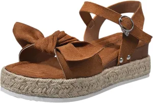 oiangi Espadrille Platform Sandals for Women Summer Casual Leopard Bow Ankle Strap Buckle Open Toe Studded Wedge Sandalias Comfortable Outdoor Shoes