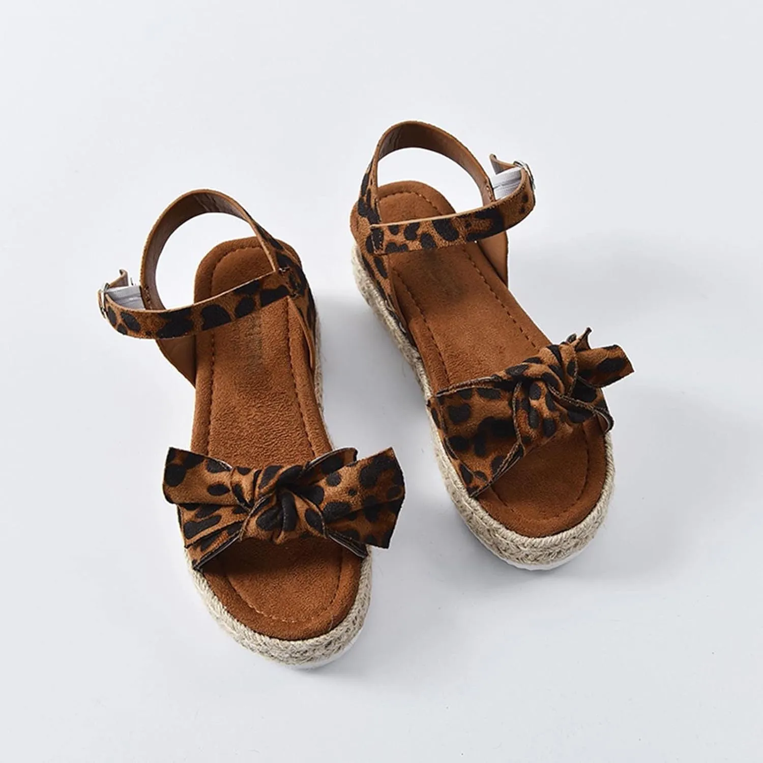 oiangi Espadrille Platform Sandals for Women Summer Casual Leopard Bow Ankle Strap Buckle Open Toe Studded Wedge Sandalias Comfortable Outdoor Shoes