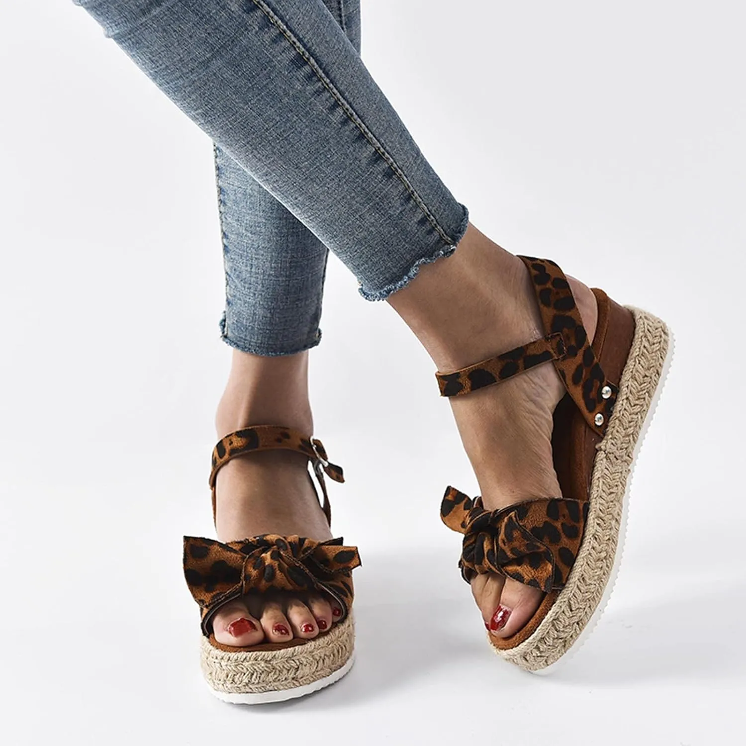 oiangi Espadrille Platform Sandals for Women Summer Casual Leopard Bow Ankle Strap Buckle Open Toe Studded Wedge Sandalias Comfortable Outdoor Shoes