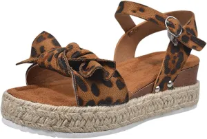 oiangi Espadrille Platform Sandals for Women Summer Casual Leopard Bow Ankle Strap Buckle Open Toe Studded Wedge Sandalias Comfortable Outdoor Shoes