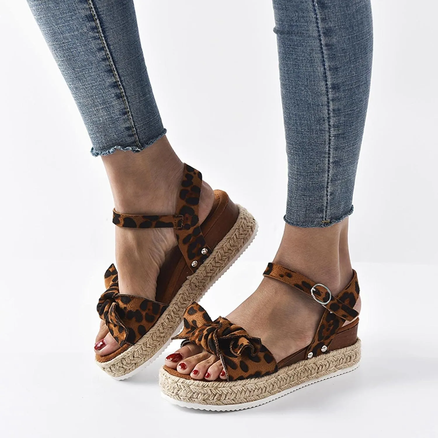 oiangi Espadrille Platform Sandals for Women Summer Casual Leopard Bow Ankle Strap Buckle Open Toe Studded Wedge Sandalias Comfortable Outdoor Shoes