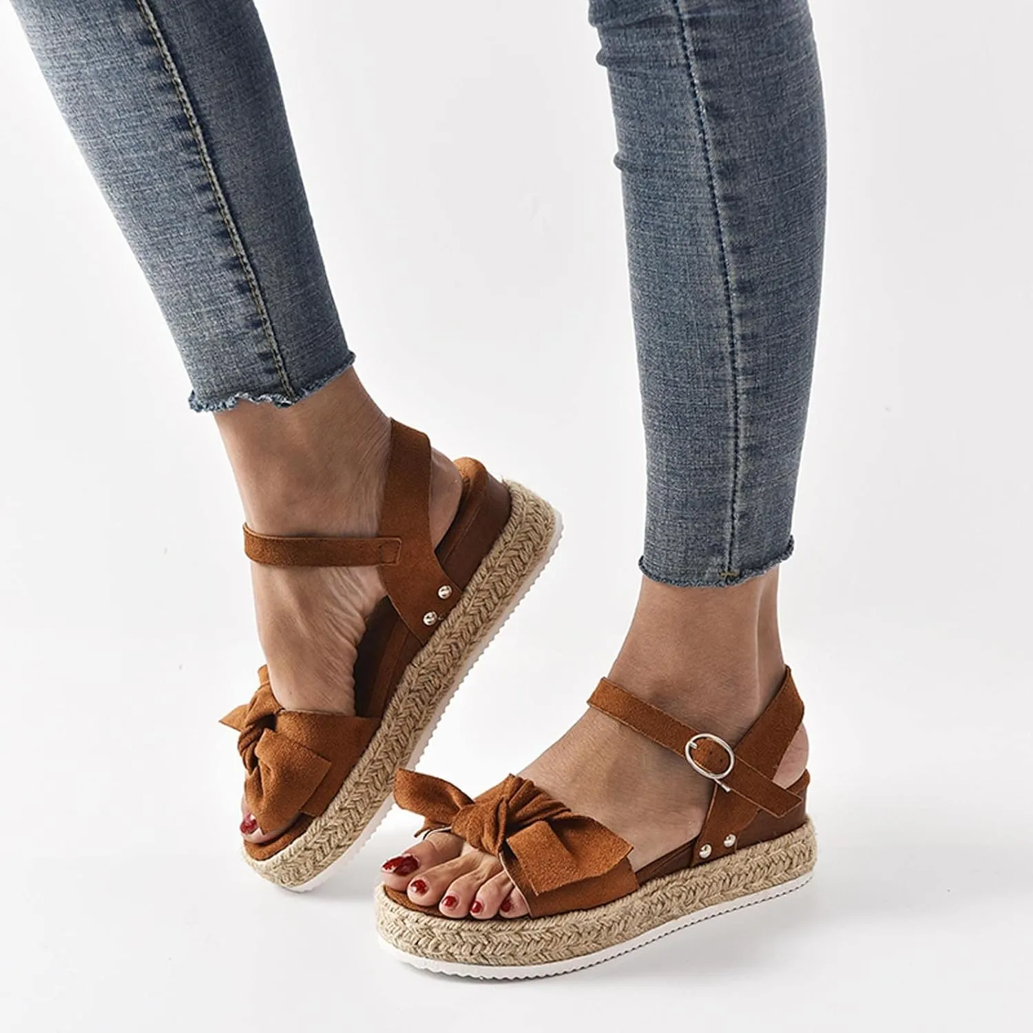 oiangi Espadrille Platform Sandals for Women Summer Casual Leopard Bow Ankle Strap Buckle Open Toe Studded Wedge Sandalias Comfortable Outdoor Shoes