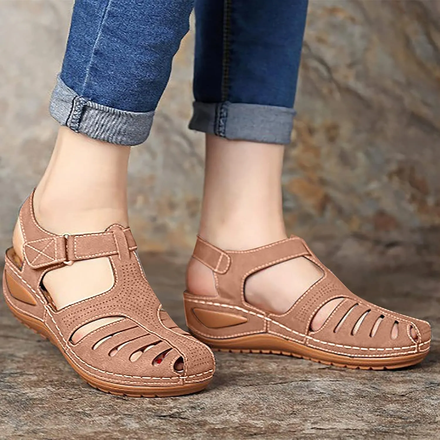 oiangi Wedge Sandals for Women Casual Summer Solid Color Hollow Closed Toe Hook and Loop Sandals Soft Comfortable Lightweight Outdoor Beach Travel Shoes