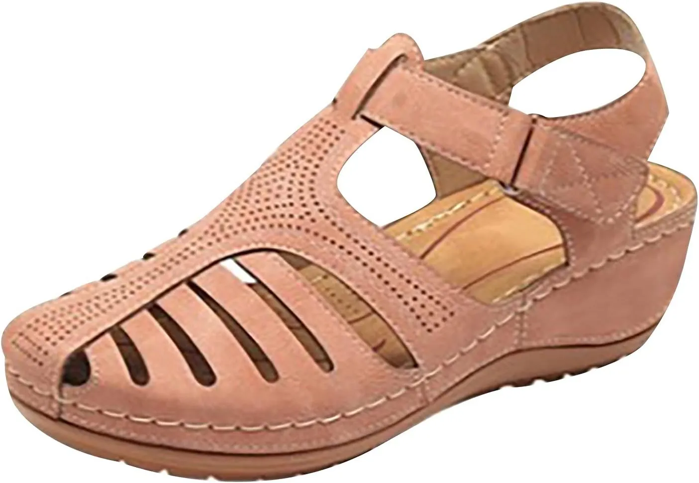 oiangi Wedge Sandals for Women Casual Summer Solid Color Hollow Closed Toe Hook and Loop Sandals Soft Comfortable Lightweight Outdoor Beach Travel Shoes
