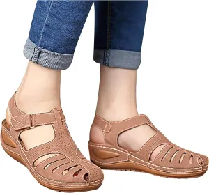 oiangi Wedge Sandals for Women Casual Summer Solid Color Hollow Closed Toe Hook and Loop Sandals Soft Comfortable Lightweight Outdoor Beach Travel Shoes