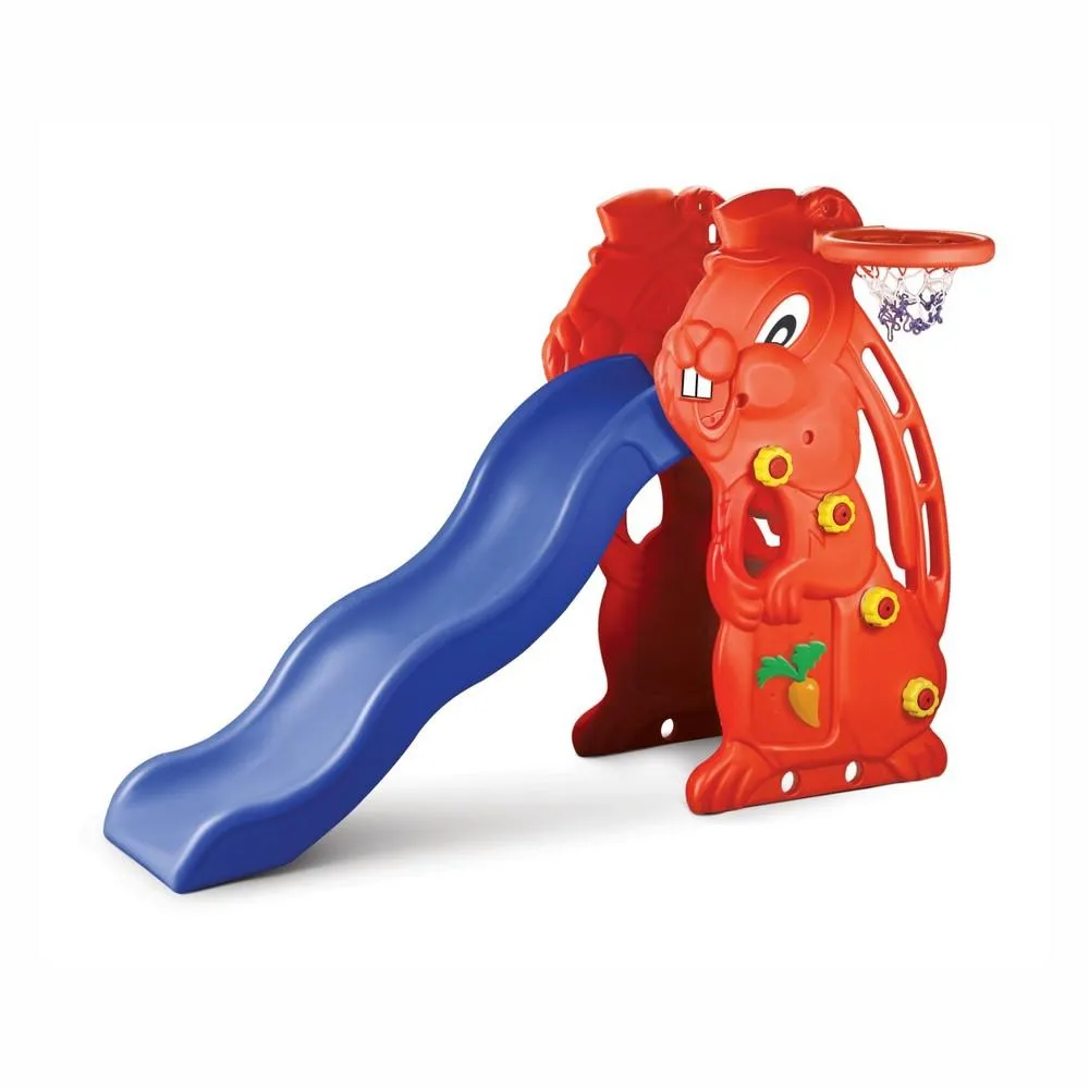 Ok Play Rabbit Slide For Kids, Garden Slider With Basket Ball Ring, Perfect For Home Indoor And Outdoor, Red & Blue, 2 To 4 Years