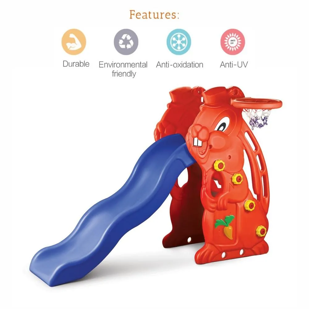 Ok Play Rabbit Slide For Kids, Garden Slider With Basket Ball Ring, Perfect For Home Indoor And Outdoor, Red & Blue, 2 To 4 Years