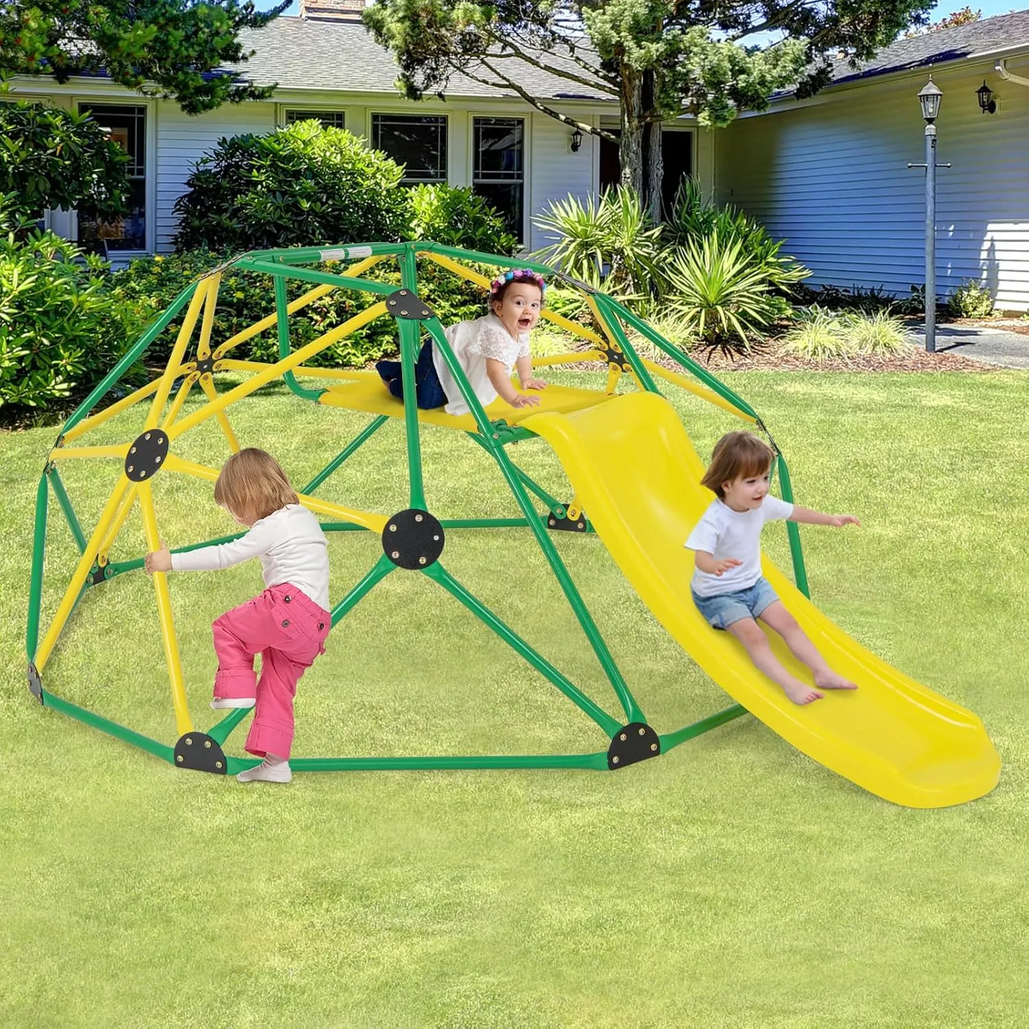 Olakids Climbing Dome with Slide, Kids Outdoor Jungle Gym Geometric Dome Climber, Steel Frame, 8FT Climb Structure Backyard Playground Center Equipment for Toddlers