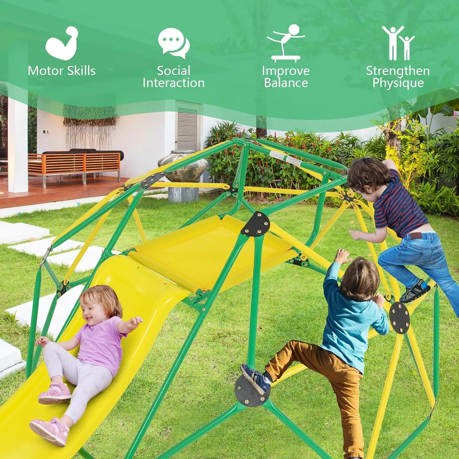 Olakids Climbing Dome with Slide, Kids Outdoor Jungle Gym Geometric Dome Climber, Steel Frame, 8FT Climb Structure Backyard Playground Center Equipment for Toddlers