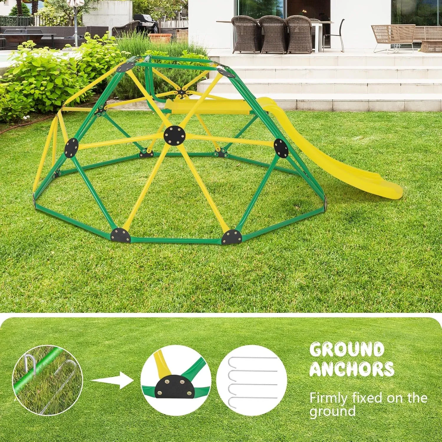 Olakids Climbing Dome with Slide, Kids Outdoor Jungle Gym Geometric Dome Climber, Steel Frame, 8FT Climb Structure Backyard Playground Center Equipment for Toddlers