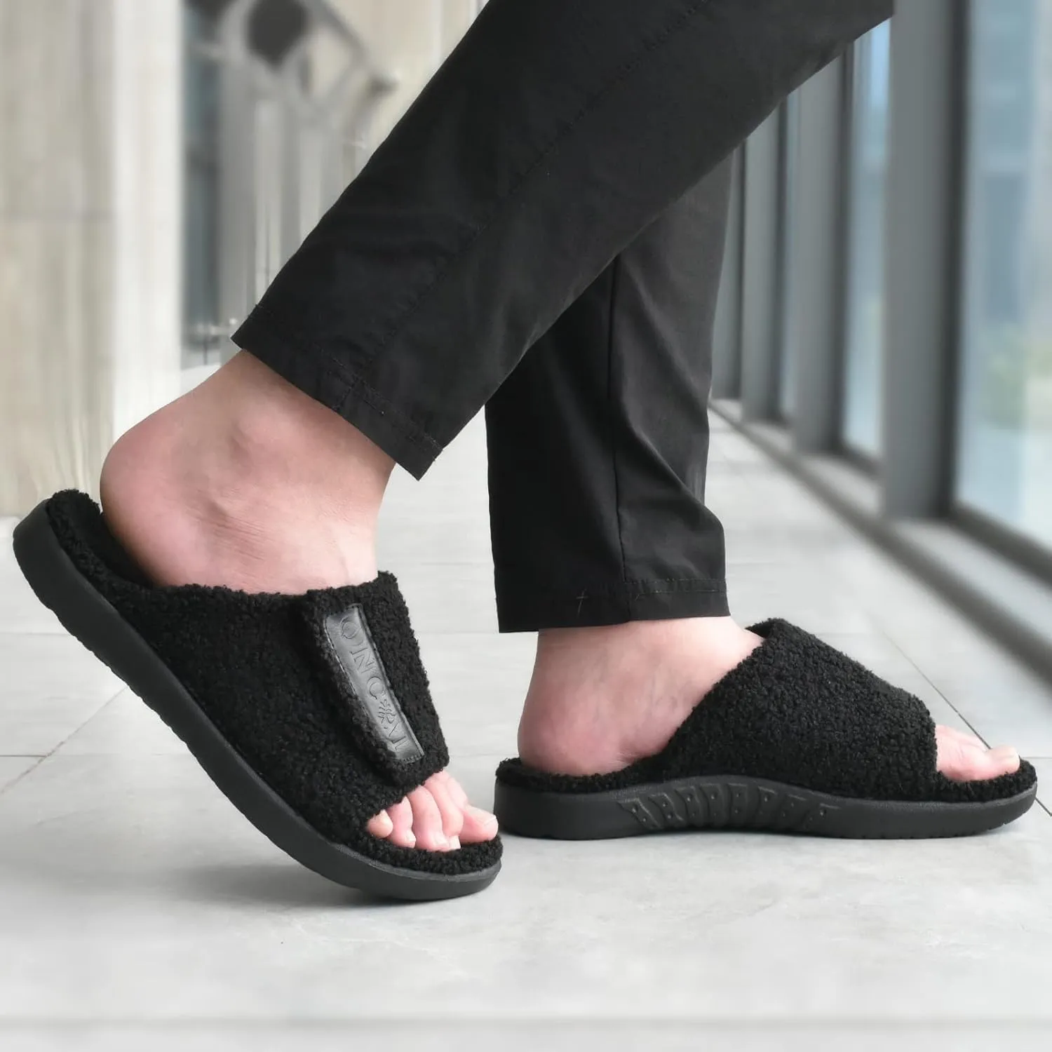 ONCAI Mens House Slippers with Arch Support，Fur Slides with Orthopedic for Plantar Fasciitis Wide Footbed and Adjustable Straps Size 7.5-15