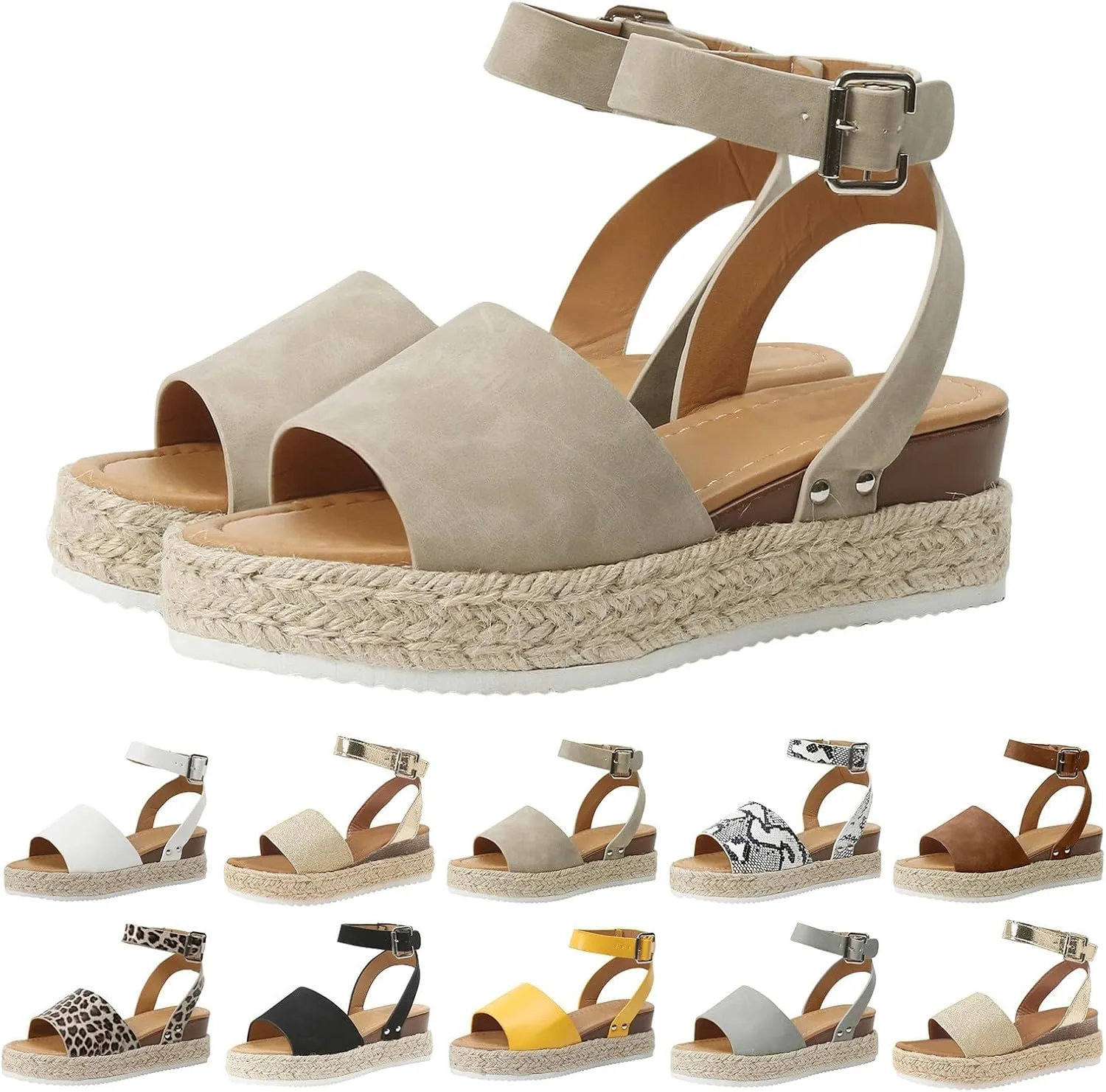 Open Toe Buckle Ankle Strap Espadrilles Flatform Wedge Casual Sandals for Women 2025 Platform Wedge Sandals Women Faux Leather Summer Dressy Elegant Flats