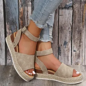 Open Toe Buckle Ankle Strap Espadrilles Flatform Wedge Casual Sandals for Women 2025 Platform Wedge Sandals Women Faux Leather Summer Dressy Elegant Flats
