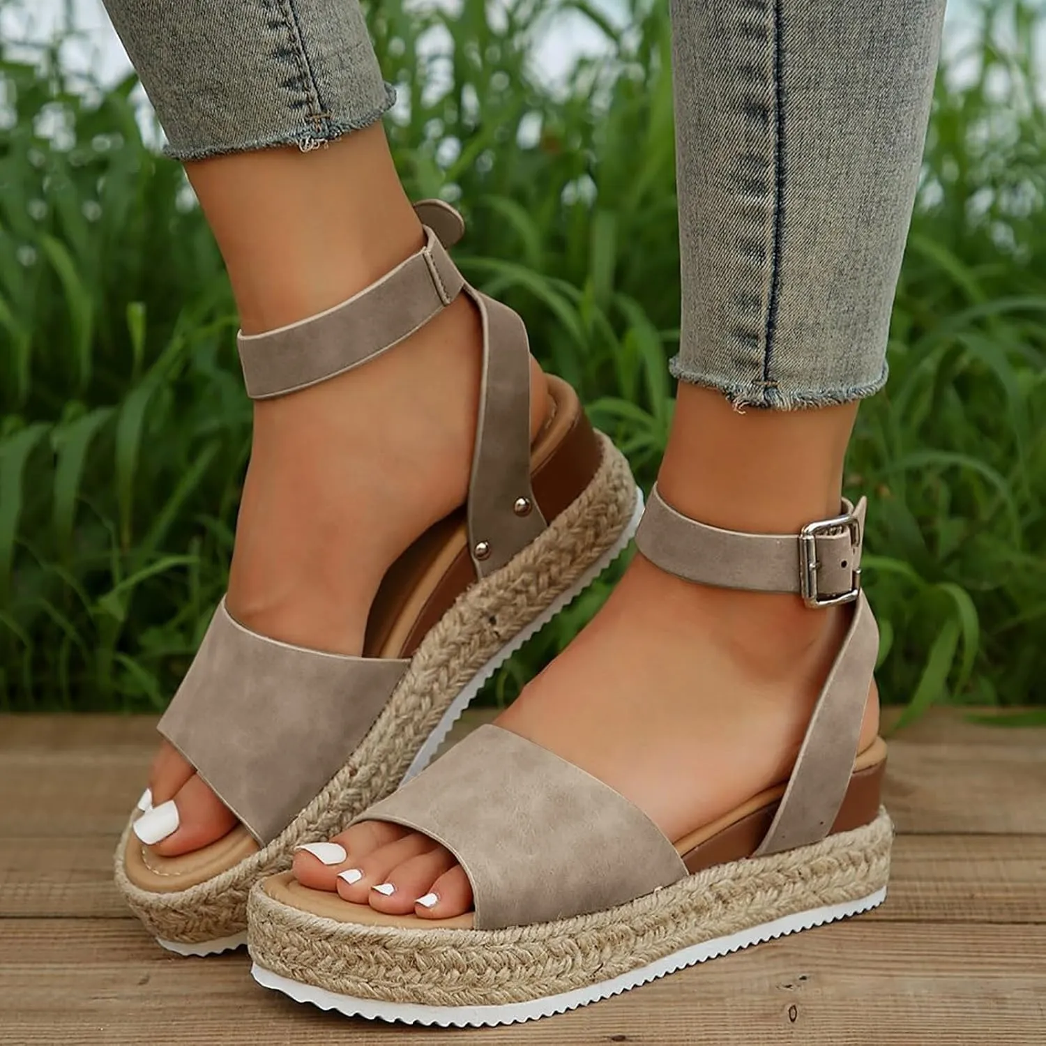 Open Toe Buckle Ankle Strap Espadrilles Flatform Wedge Casual Sandals for Women 2025 Platform Wedge Sandals Women Faux Leather Summer Dressy Elegant Flats