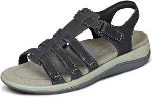 Orthofeet Women's Orthopedic Black Leather Amalfi Adjustable Sandals, Size 10.5 Wide