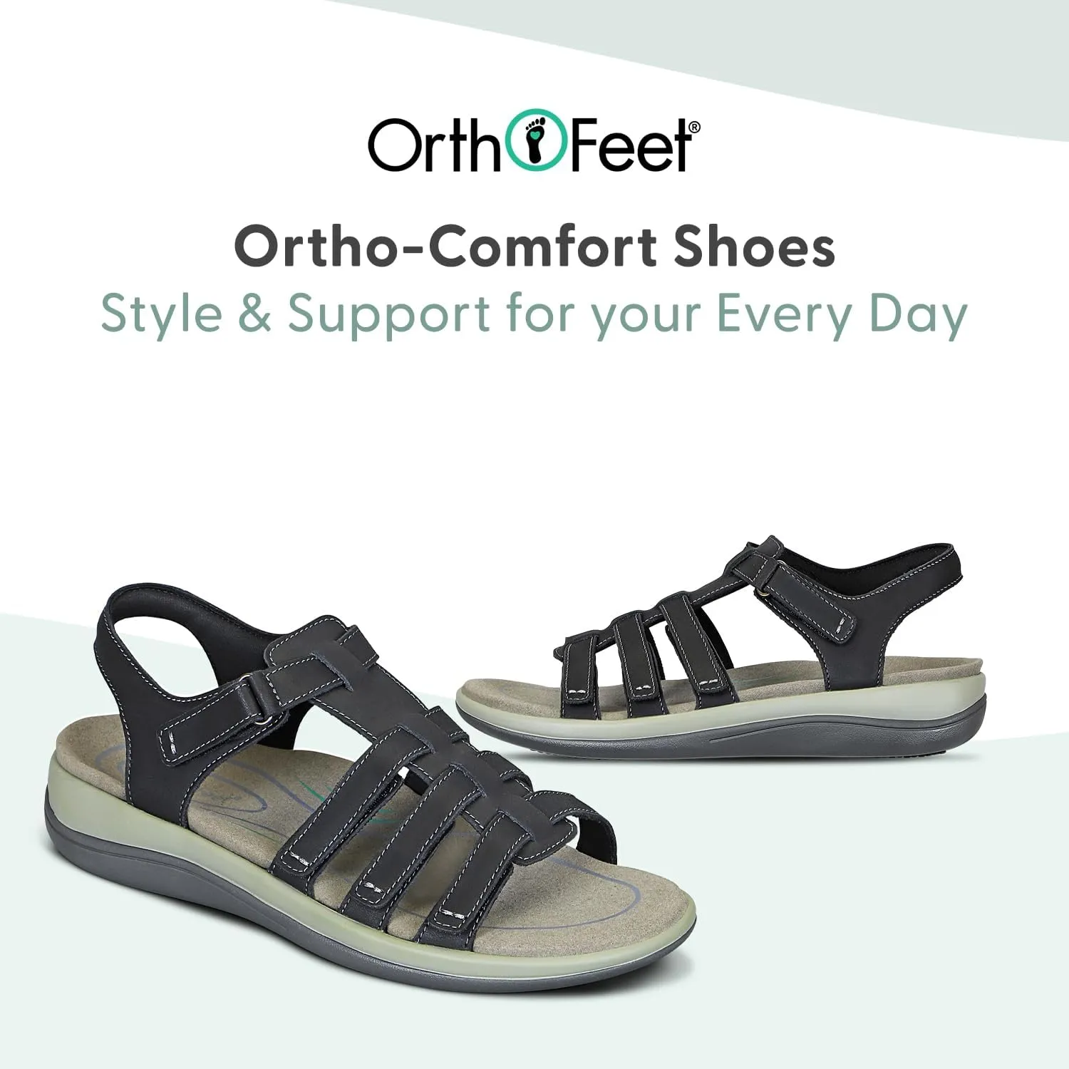 Orthofeet Women's Orthopedic Black Leather Amalfi Adjustable Sandals, Size 10.5 Wide