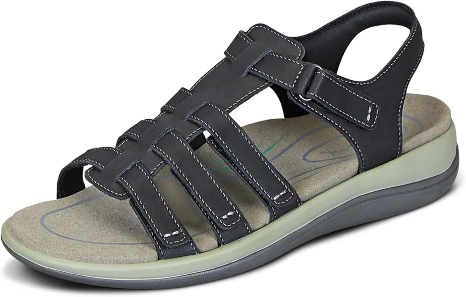 Orthofeet Women's Orthopedic Black Leather Amalfi Adjustable Sandals, Size 10.5 Wide