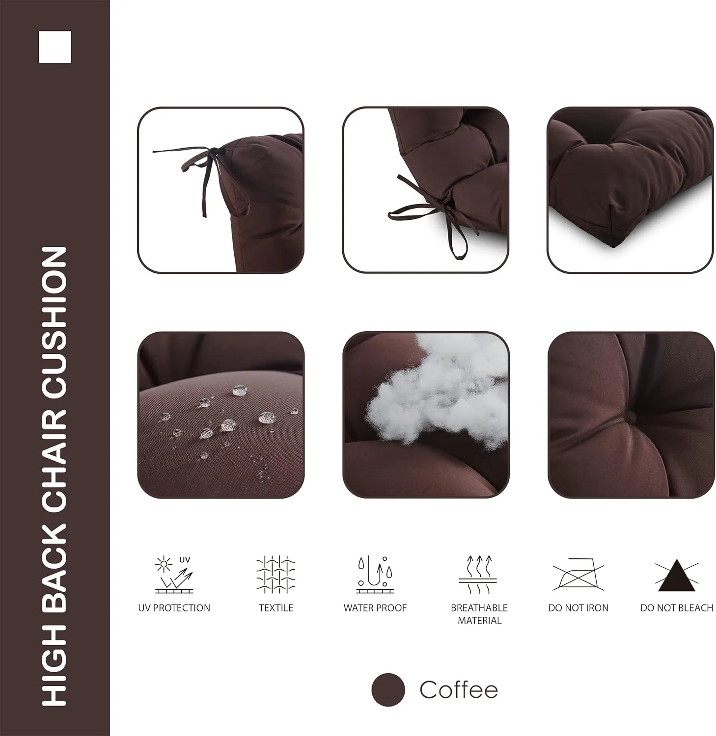 Outdoor/Indoor High Back Chair Cushion, Waterproof All-Weather Stuffed High Rebound Foam Adirondack Seat/Back for Outdoor Furniture, Coffee