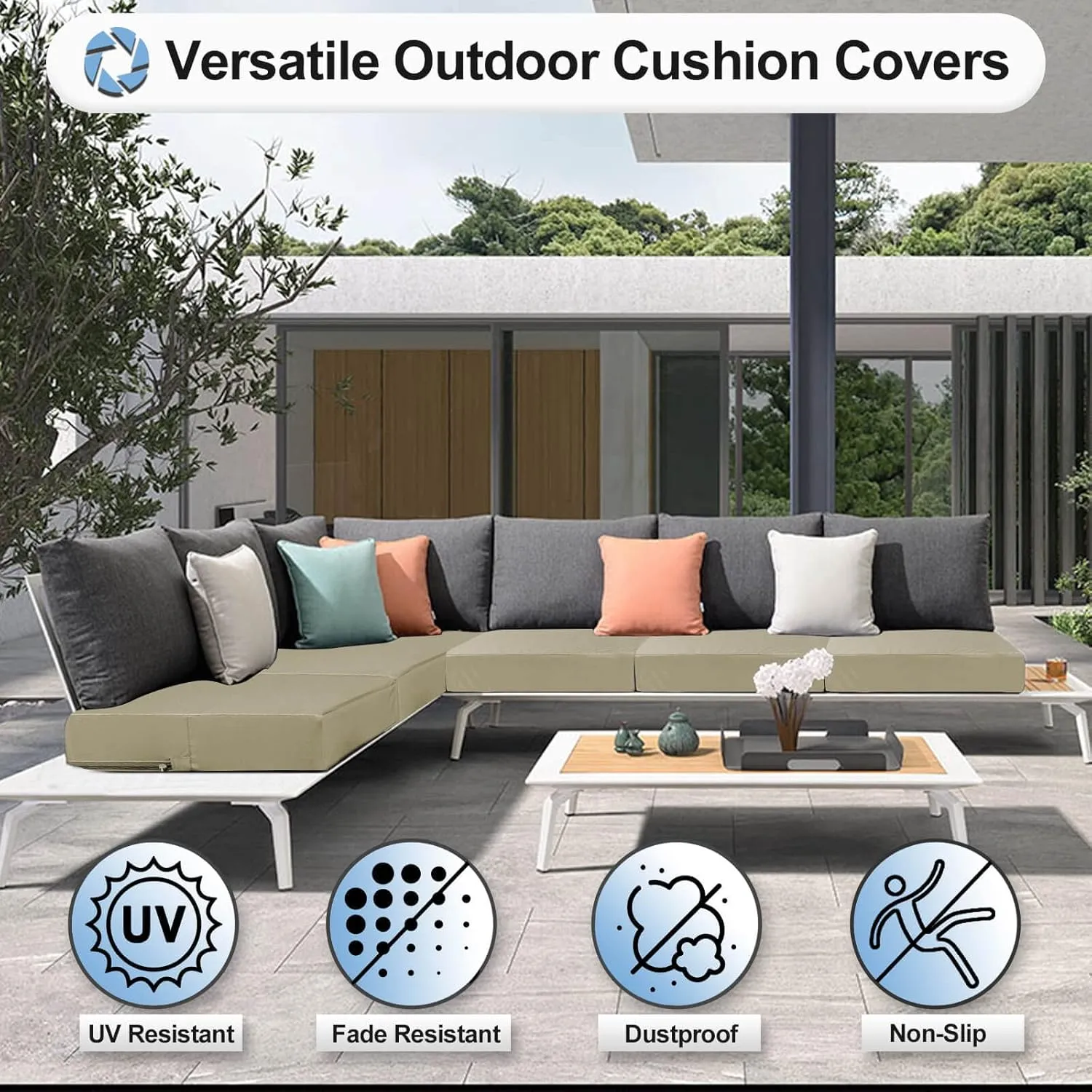 OutdoorLines Patio Seat Cushion Cover Replacement, Waterproof Anti-Slip Outdoor Chair Cushion Covering for Garden and Backyard (Set of 2, 20"x18"x4", Camel, Cover Only)