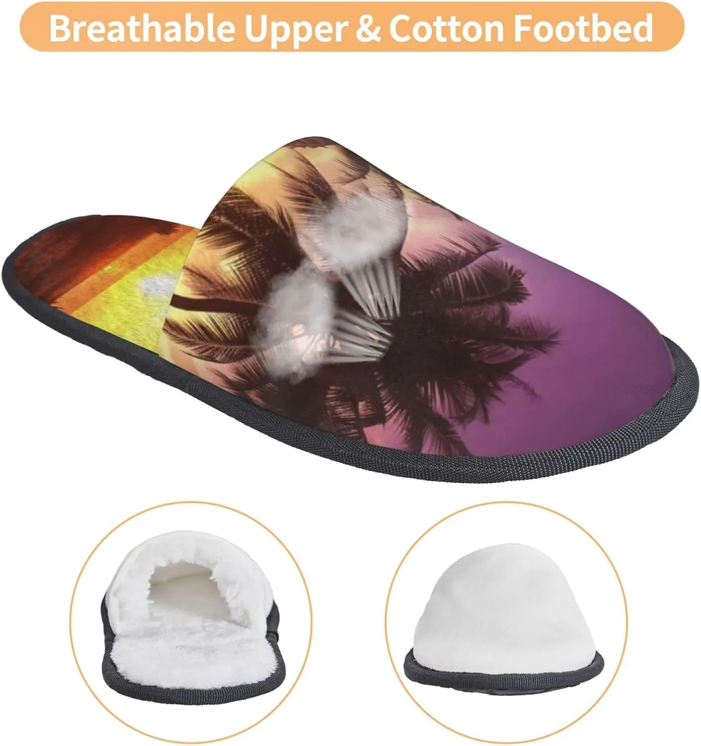 Palm Trees at Sunset Furry Slippers for Men Women Fuzzy Memory Foam Slippers Warm Comfy Slip-on Bedroom Shoes Winter House Shoes for Indoor Outdoor
