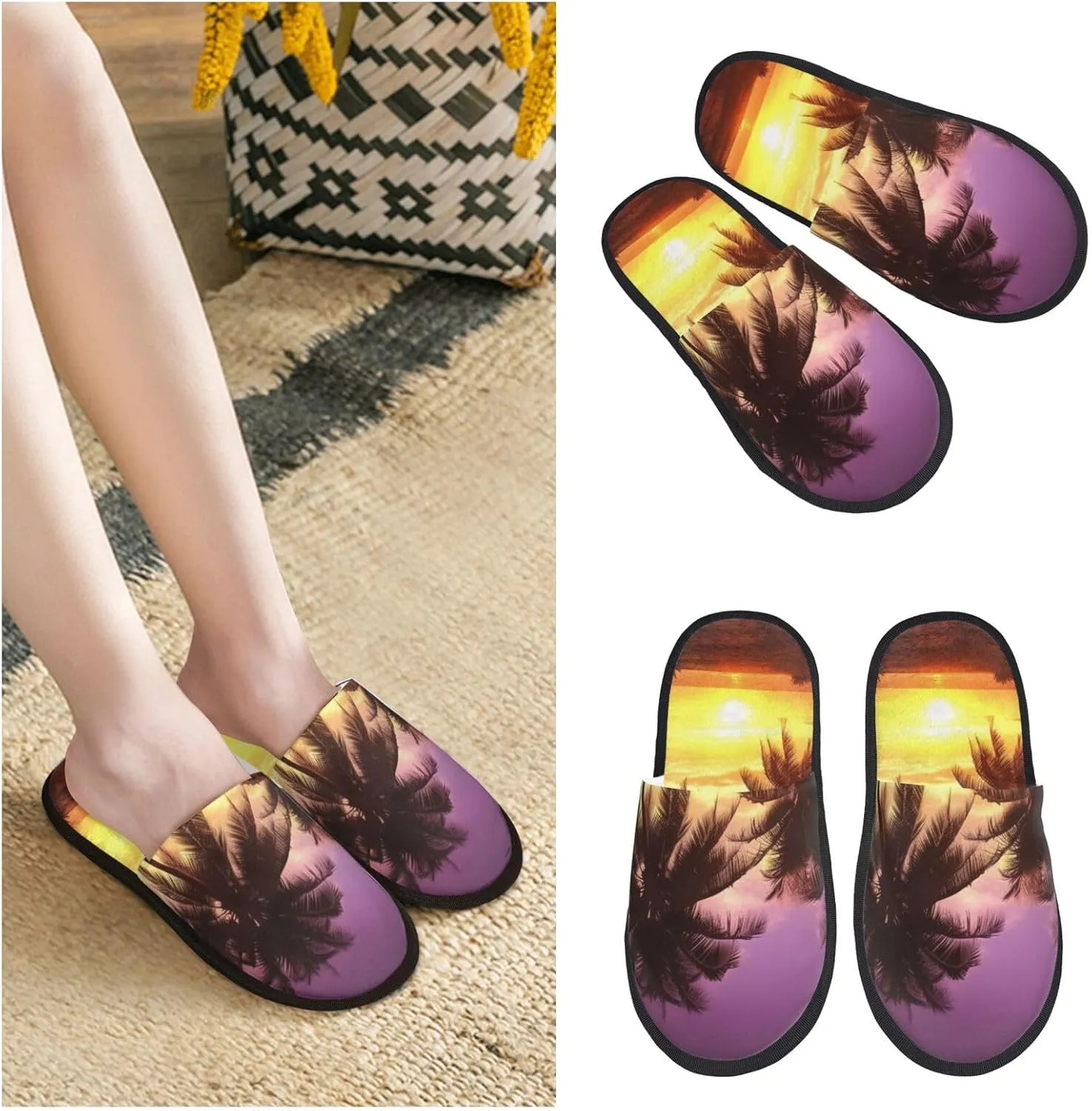 Palm Trees at Sunset Furry Slippers for Men Women Fuzzy Memory Foam Slippers Warm Comfy Slip-on Bedroom Shoes Winter House Shoes for Indoor Outdoor