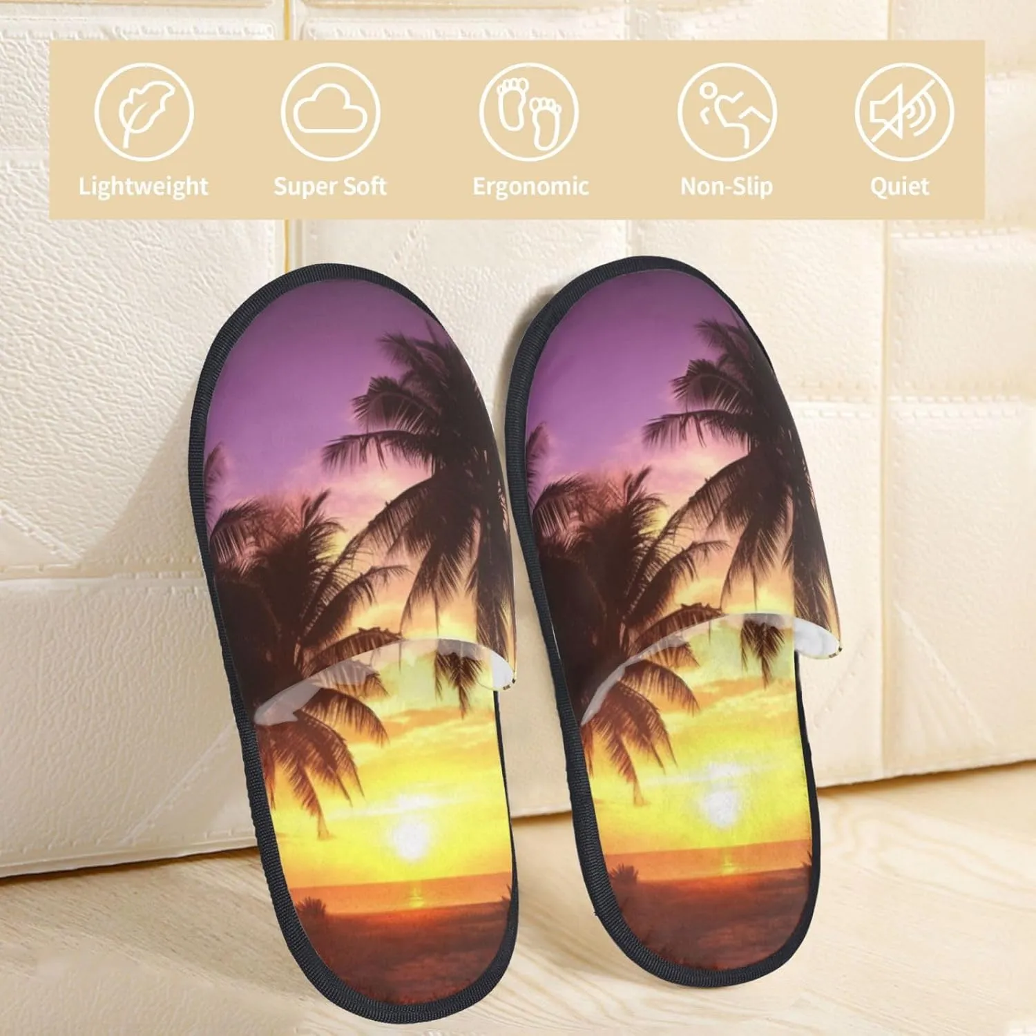 Palm Trees at Sunset Furry Slippers for Men Women Fuzzy Memory Foam Slippers Warm Comfy Slip-on Bedroom Shoes Winter House Shoes for Indoor Outdoor