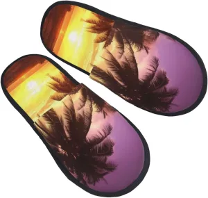 Palm Trees at Sunset Furry Slippers for Men Women Fuzzy Memory Foam Slippers Warm Comfy Slip-on Bedroom Shoes Winter House Shoes for Indoor Outdoor