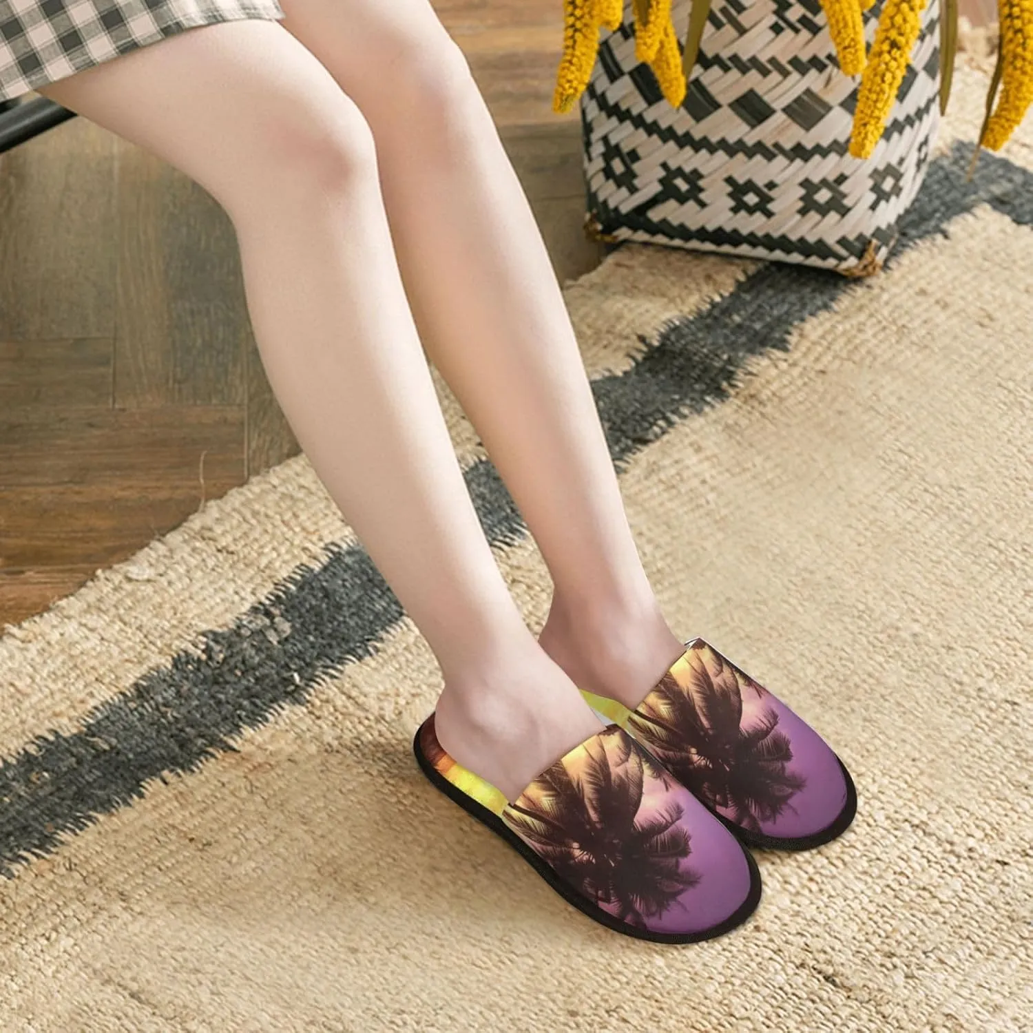Palm Trees at Sunset Furry Slippers for Men Women Fuzzy Memory Foam Slippers Warm Comfy Slip-on Bedroom Shoes Winter House Shoes for Indoor Outdoor