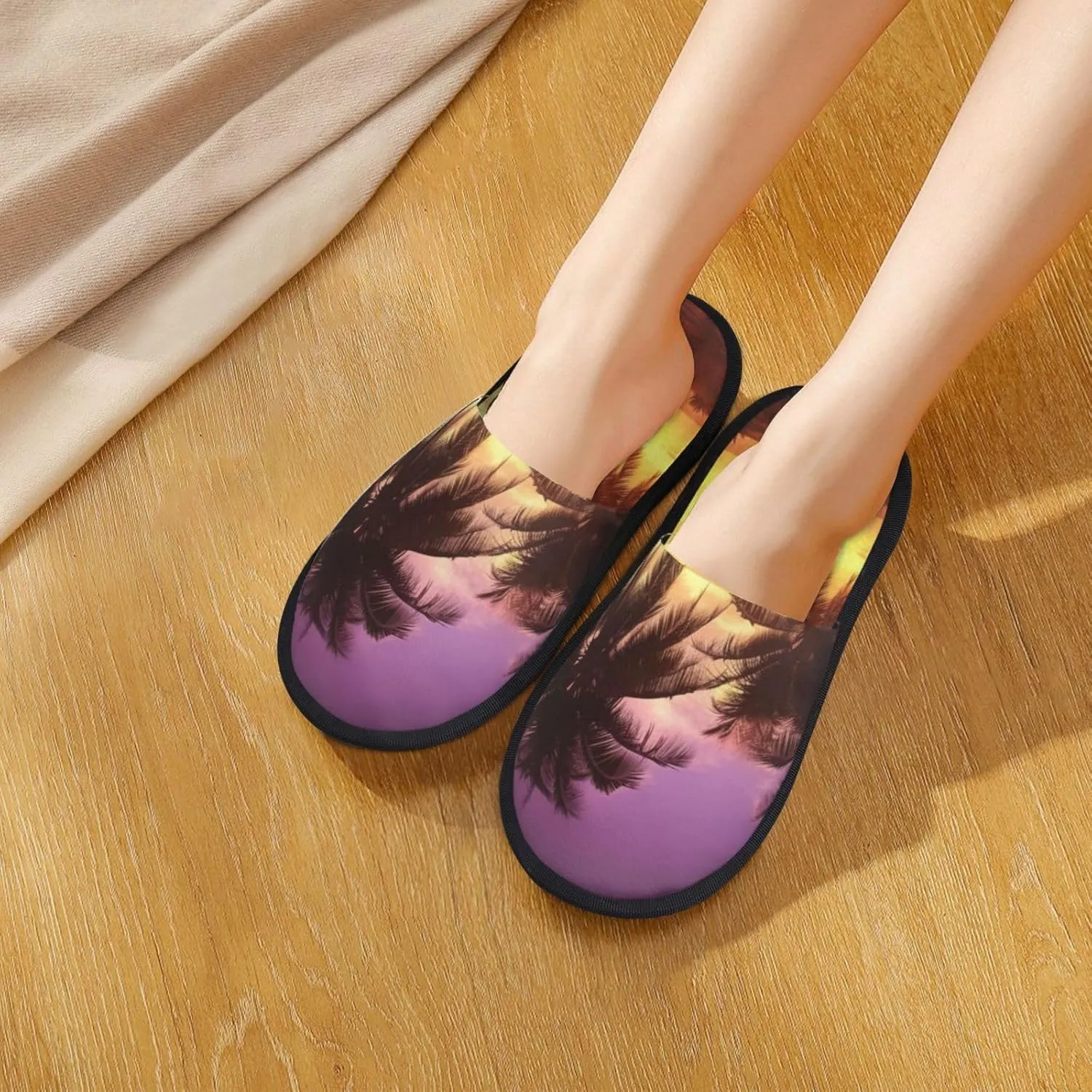 Palm Trees at Sunset Furry Slippers for Men Women Fuzzy Memory Foam Slippers Warm Comfy Slip-on Bedroom Shoes Winter House Shoes for Indoor Outdoor