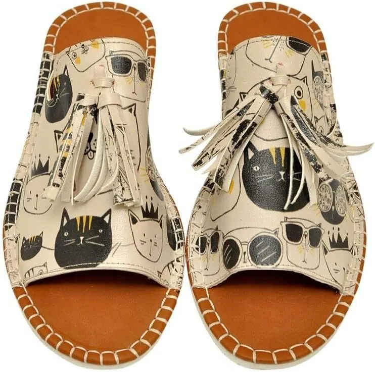 Personalize Your Life Pine - Printed Flat Slide Slippers - Tassel Detail - Everyday Fashion - Chic, Elegant, and Casual Style - Vegan, Environmentally Friendly and Handmade - Breathable Content