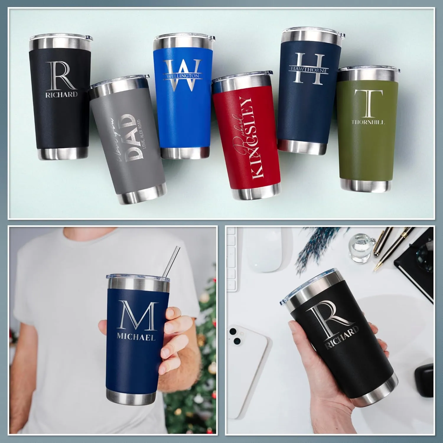 Personalized Tumbler with Engraved Name - 12 Designs, 30 Oz Coffee Tumbler with Slider Lid, Gray, Double Wall Insulated - Custom Gifts for Him & Her