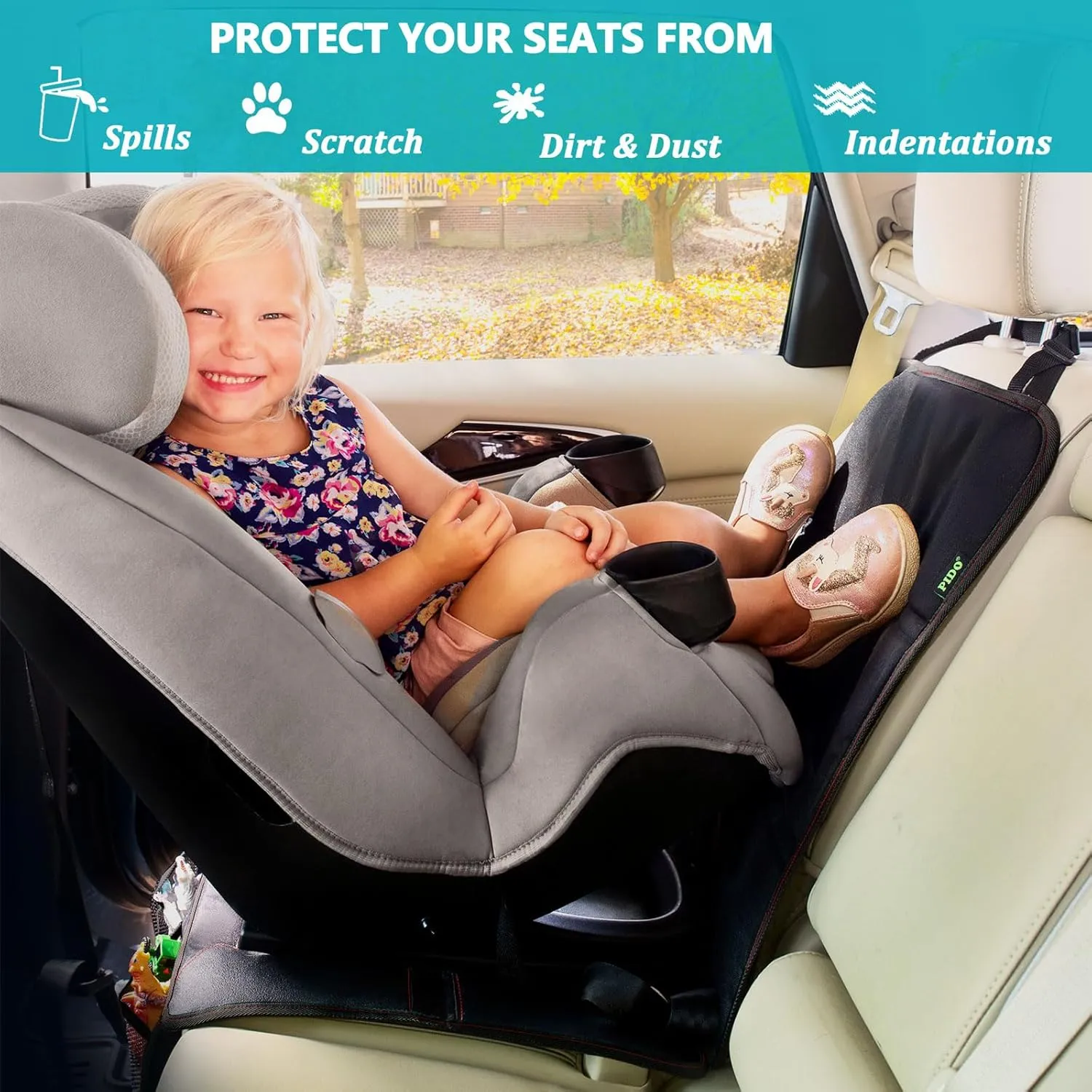 PIDO Car Seat Protector for Child Seat, 2 Pack Carseat Protectors with Waterproof Fabric and Non-Slip Backing, Thick Padding Seat Covers for Car Seats, Black with Red Stitching